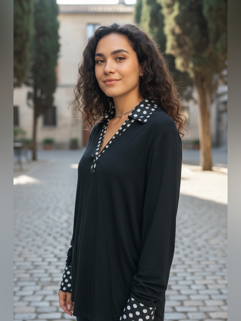 Inc International Concepts Black V-Neck Top With White Polka Dot Trim